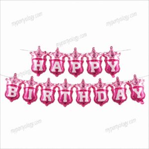 Happy Birthday Pink Crown Garland 16" Foil Balloon Banner