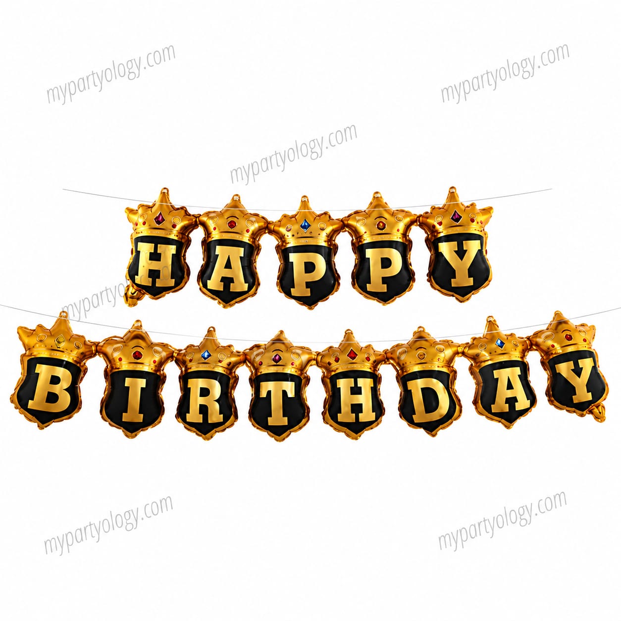 Happy Birthday Black & Gold Crown Garland 16" Foil Balloon Banner