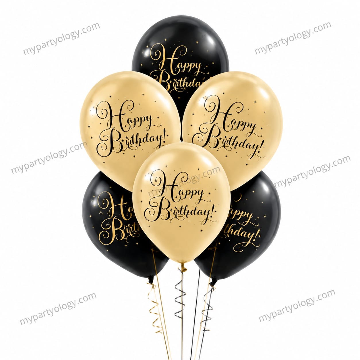 Happy Birthday Black & Gold Cursive 12" Latex Set (Pack of 6)