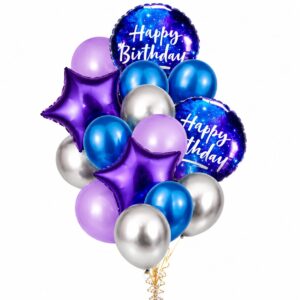 Happy Birthday Tri-Colour Purple, Blue & Silver Foil & Latex Balloon Set (Pack of 16)