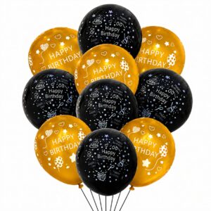 Happy Birthday Black & Gold 12" Balloon Set (Pack of 10)