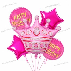 Happy Birthday Pink Crown Foil Balloon Set (Pack of 5)