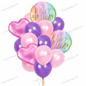 Happy Birthday Pink & Purple Pastel with Heart Balloon Set (Pack of 16)