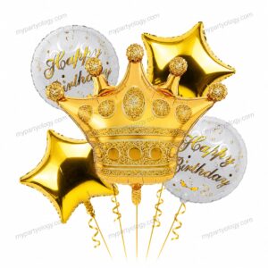 Happy Birthday Gold Crown with White Foil Balloon Set (Pack of 5)