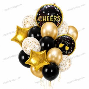 Cheers Black & Gold Foil/Latex Balloon Set (Pack of 16)