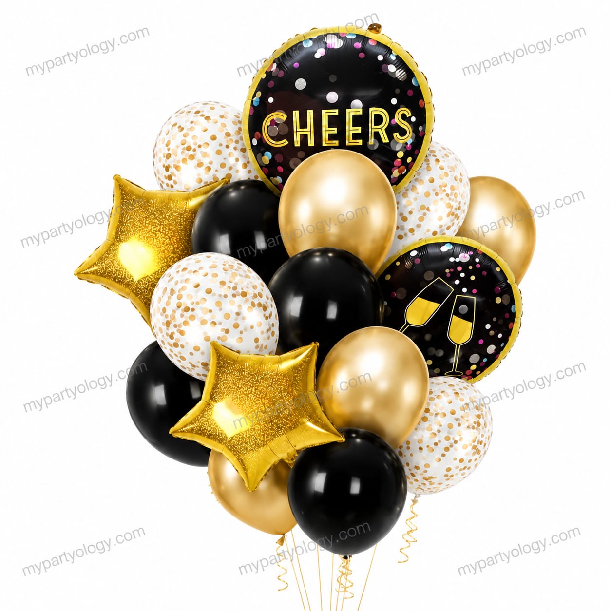 Cheers Black & Gold Foil/Latex Balloon Set (Pack of 16)
