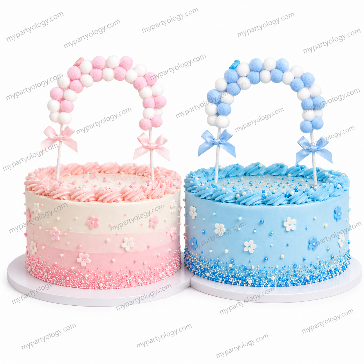 Pom Pom Blue or Pink & White Arch Cake Topper