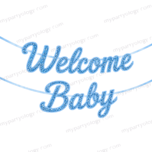 Welcome Baby Blue Glitter Cursive Banner