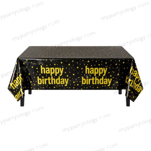 Happy Birthday Gold, Black & White Foil Tablecloth (54''x72'')