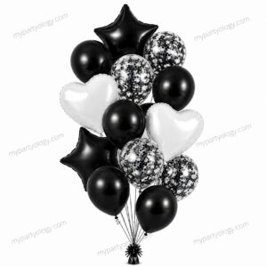 Black & White Heart/Star with Latex & Confetti Balloon Set (Pack of 14)