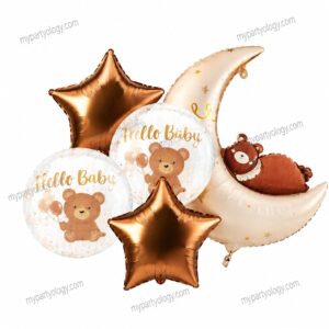 Hello Baby Brown Teddy Moon & Stars Balloon Set (Pack of 5)