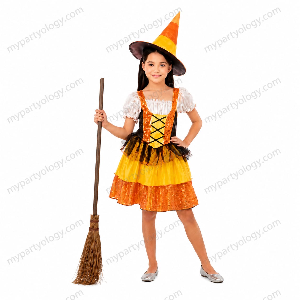 Witch With Broom Kids Orange Costume