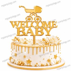 Welcome Baby Gold Glitter Cake Topper