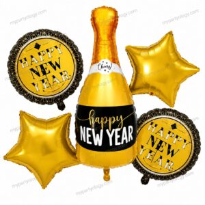 Happy New Year Gold Champagne Foil Balloon Set (Pack of 5)