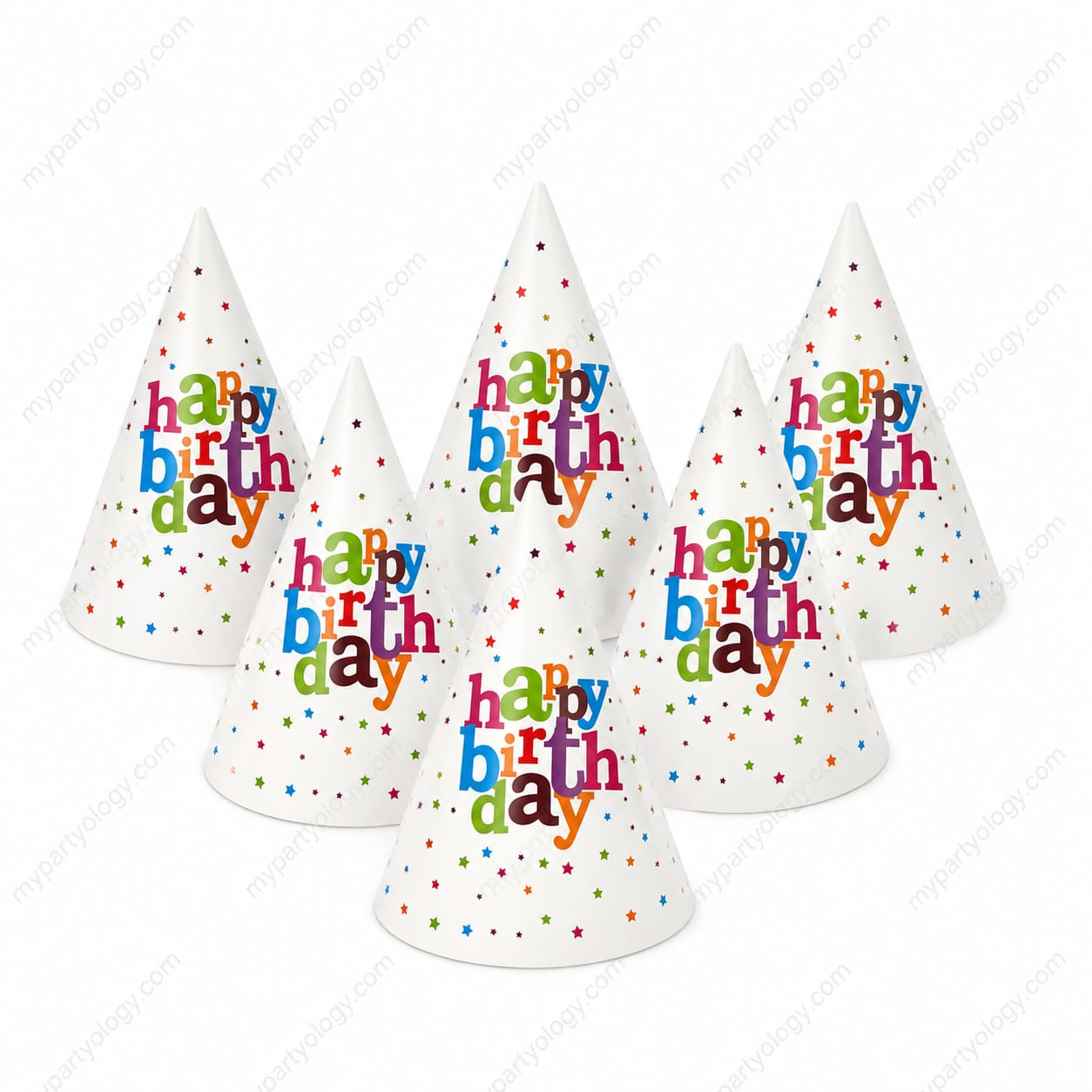 Happy Birthday Colourful Stars Cone Hat Set (Pack of 6)