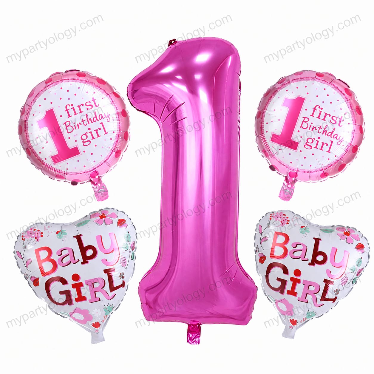 1st Birthday Baby Girl Foil Balloon Set (Pack of 5)