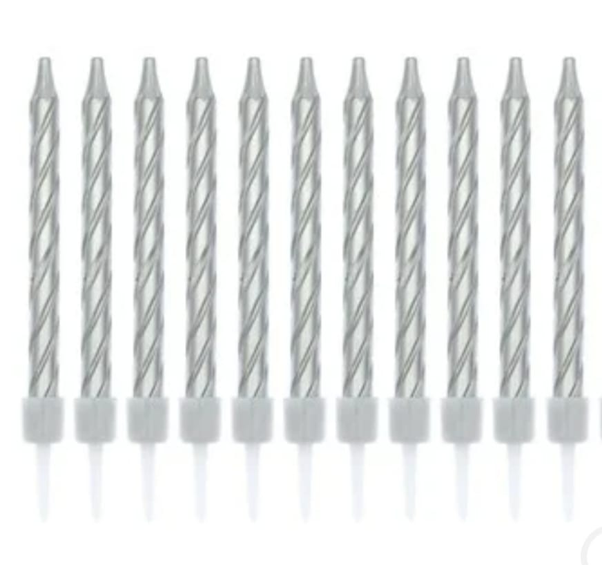 Silver Long Spiral Candles (Pack of 12)