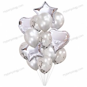 Silver Confetti Balloons with Heart & Stars Foil Balloon Set (Pack of 14)