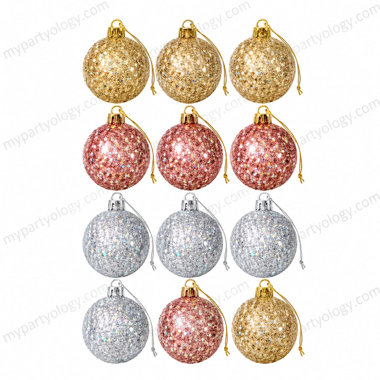 Assorted Glitter Baubles With Snow (Pack of 12)