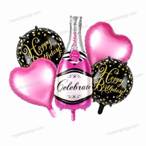 Happy Birthday Pink Champagne Bottle Foil Balloon Set (Pack of 5)
