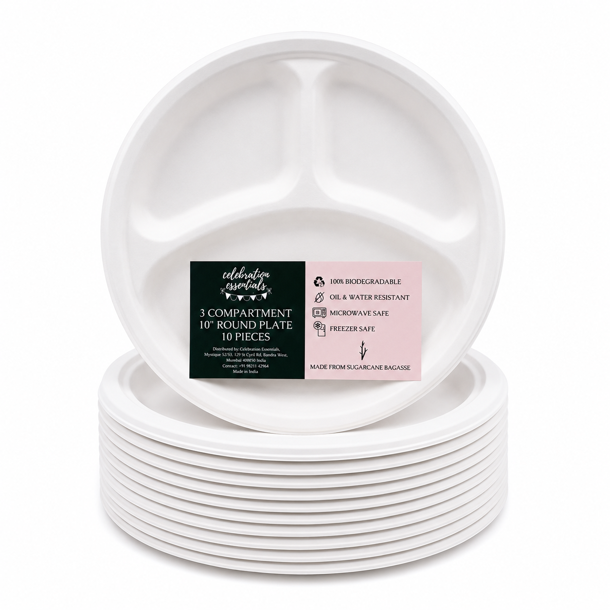 Bagasse 3-Way 10inch Round Plate (Pack of 10)