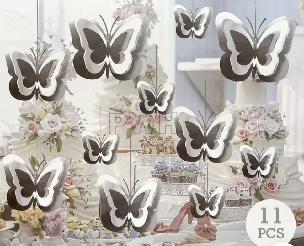Butterfly 3D Silver Hanging Decor Kit (Pack of 11)