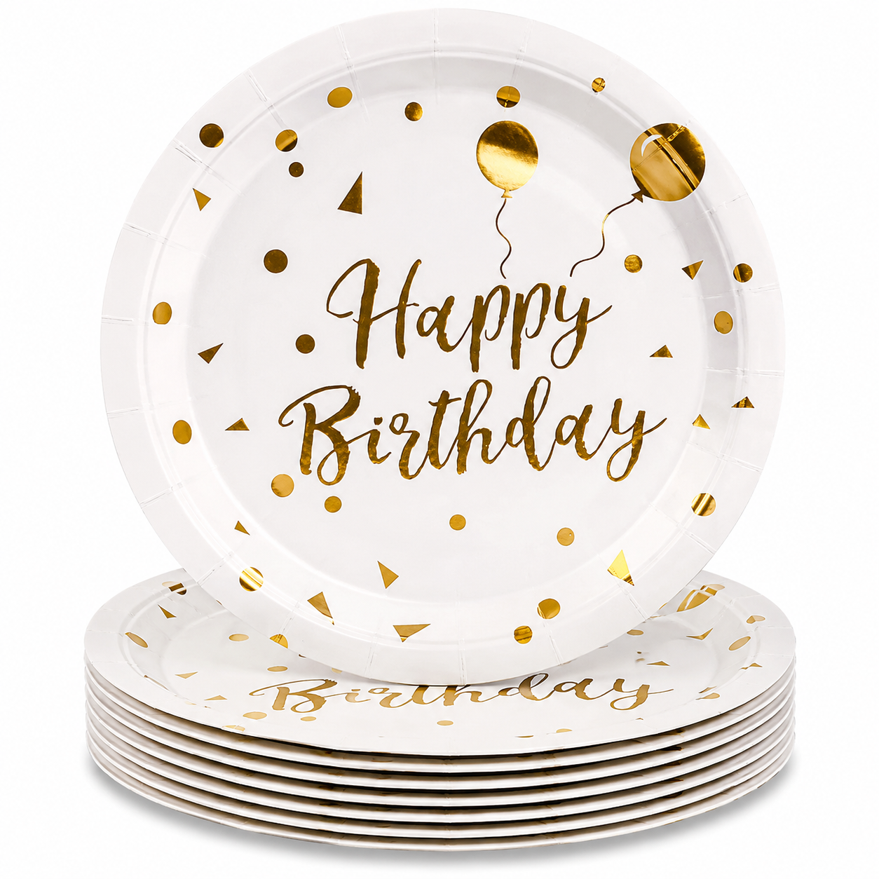 Happy Birthday Gold & White Paper Plate (Pack of 10)