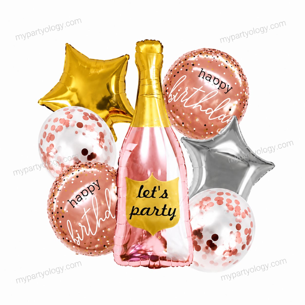 Happy Birthday Lets Party Rose Gold Bottle Balloon Set (Pack Of 7)