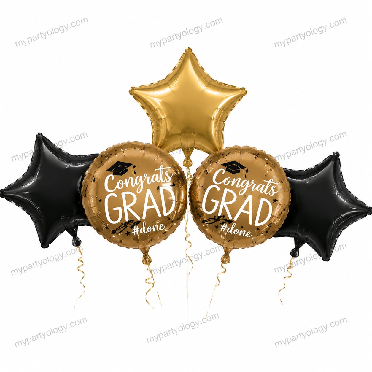 Congrats Grad Black & Gold Stars 18" Foil Balloon Set (Pack of 5)