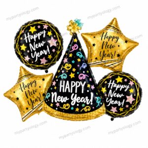 New Year Cone Hat Foil Balloon Set (Pack of 5)