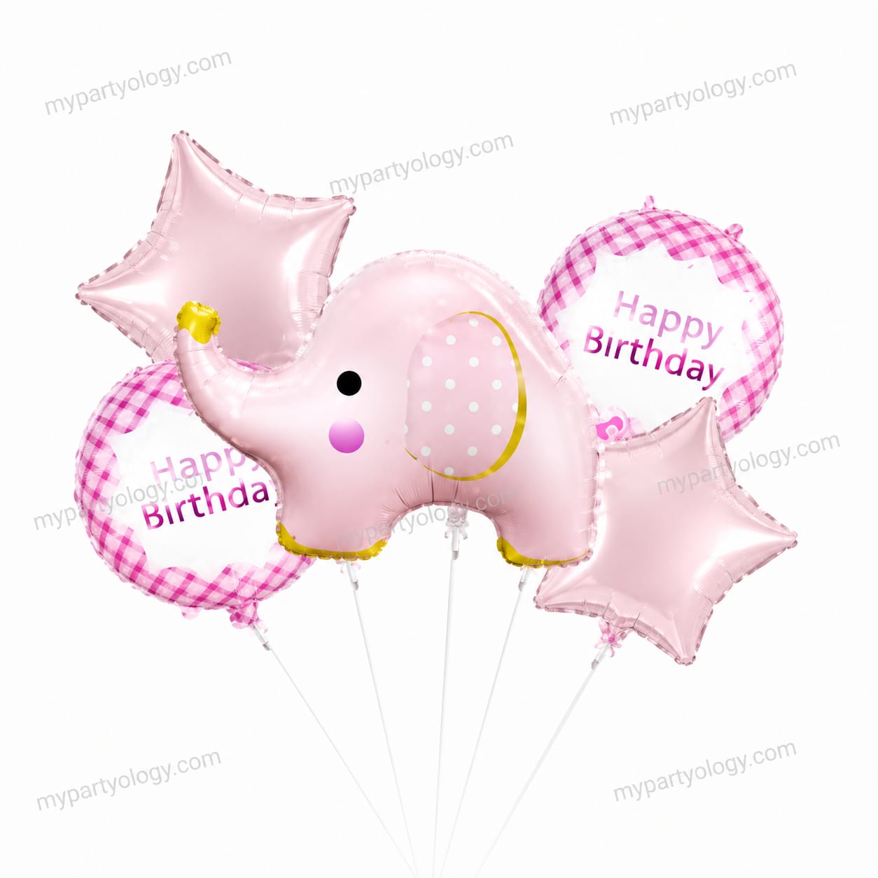 Happy Birthday Pink Baby Elephant Foil Balloon Set (Pack of 5)