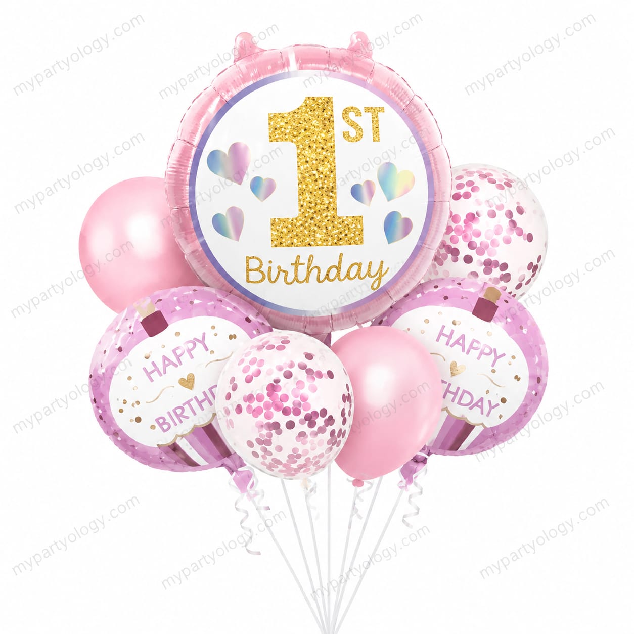 1st Birthday Girl Pastel Hearts Balloon Set (Pack of 7)