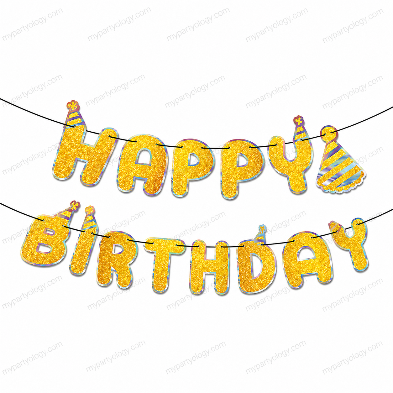 Happy Birthday Gold Glitter With Silver Border Banner