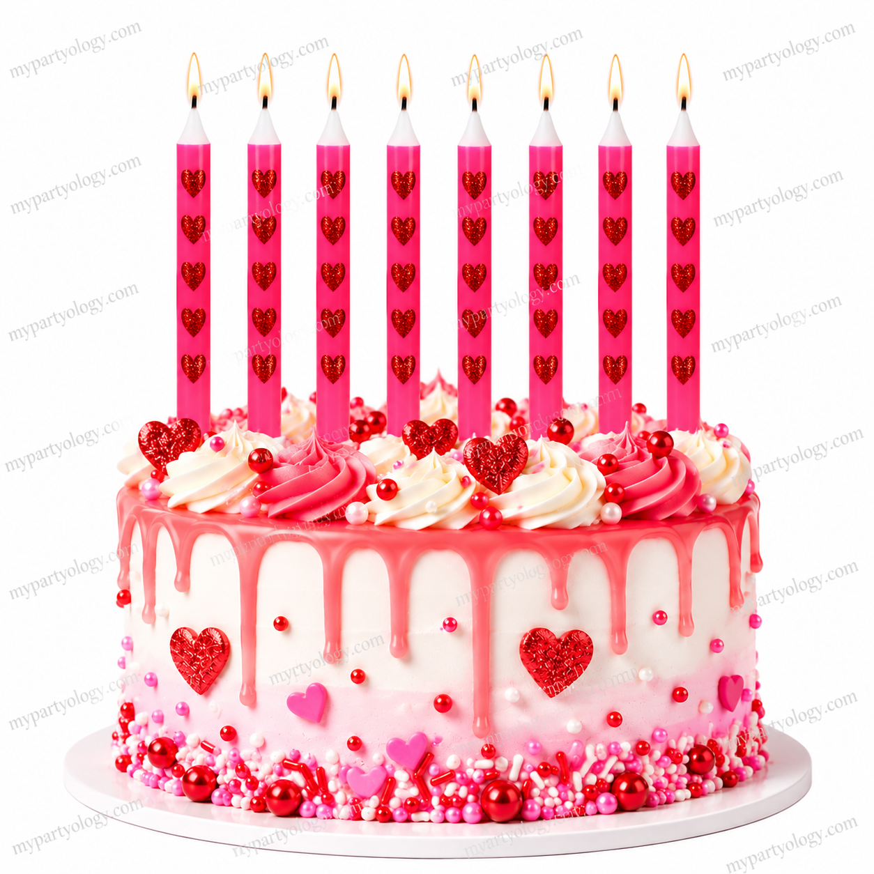 Pink Candles With Small Red Hearts (Pack of 12)