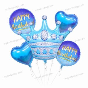 Happy Birthday Blue Crown Foil Balloon Set (Pack of 5)