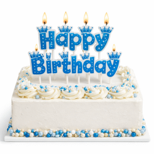 Happy Birthday Crown Blue & White Cake Block Candles