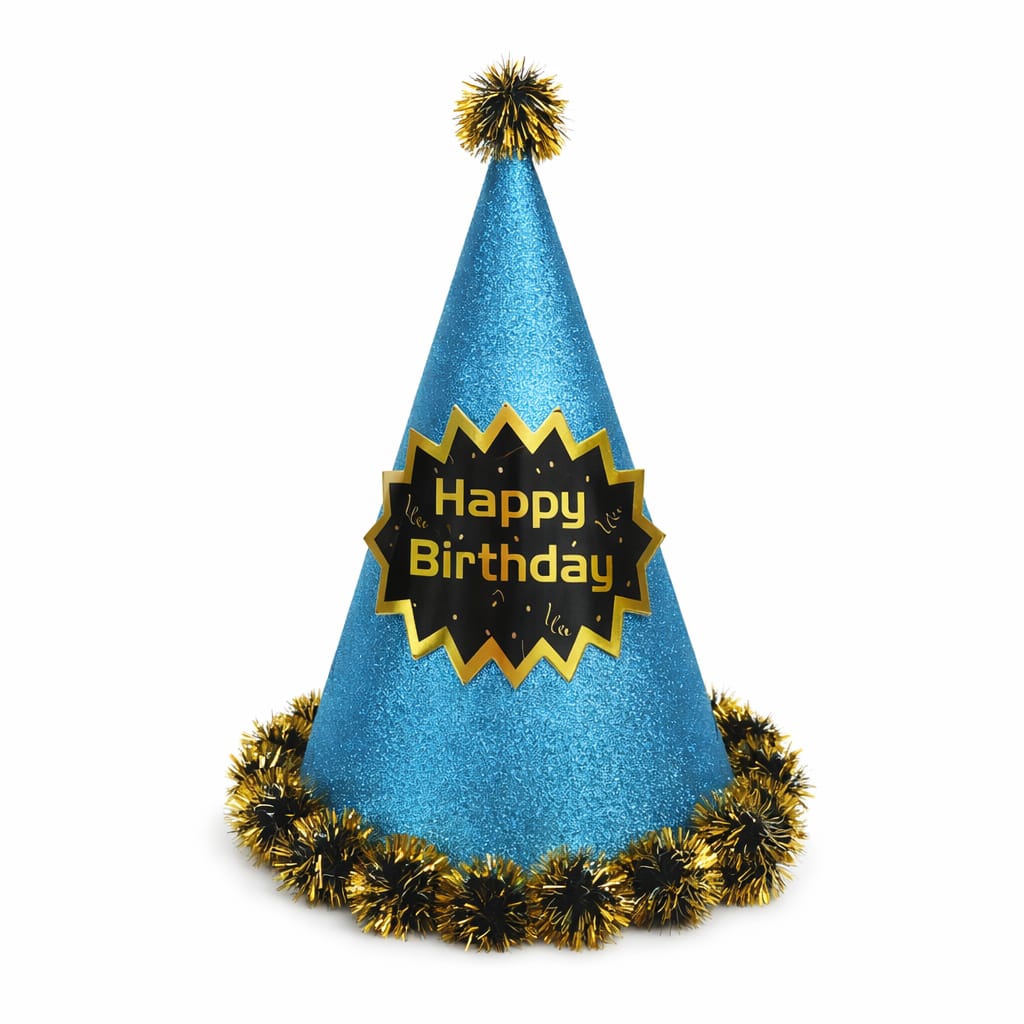Happy Birthday Blue Glitter Cone Hat