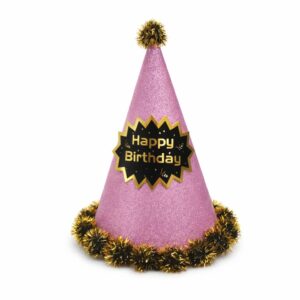 Happy Birthday Pink Glitter Paper Cone Hat