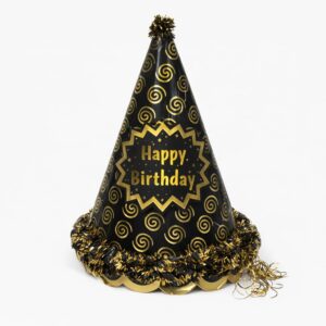Happy Birthday Black & Gold With Pompom Cone Hat