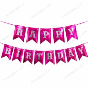 Happy Birthday Pink & Silver Small Metallic Banner