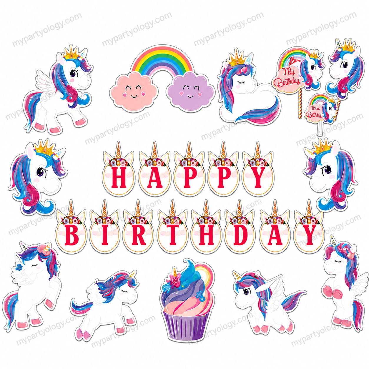 Unicorn Happy Birthday Decoration Kit (Pack of 16)