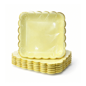 Yellow Square With Gold Scallop Paper Plate Set (Pack of 10)