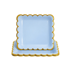 Blue Square With Gold Scallop Paper Plate Set (Pack of 10)