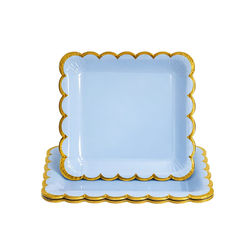 Blue Square With Gold Scallop Paper Plate Set (Pack of 10)