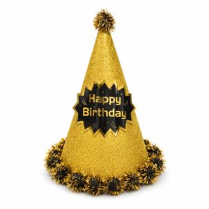 Happy Birthday Gold Glitter Cone Hat