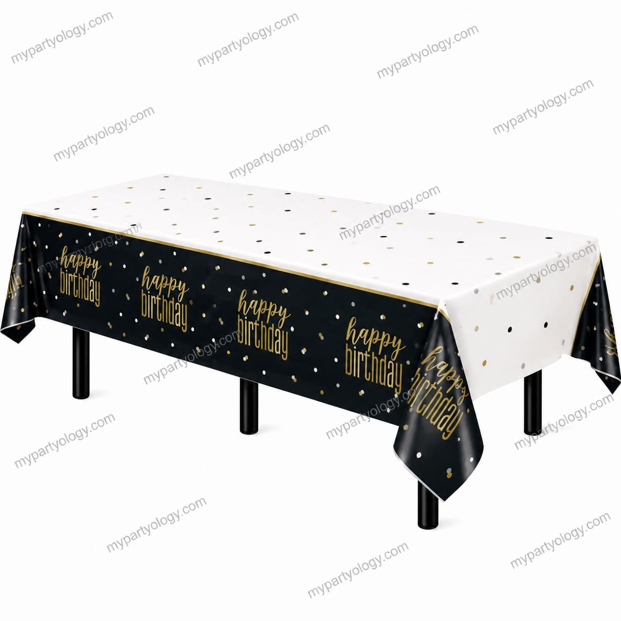 Happy Birthday Black & Gold Plastic Tablecloth (54''x84'')