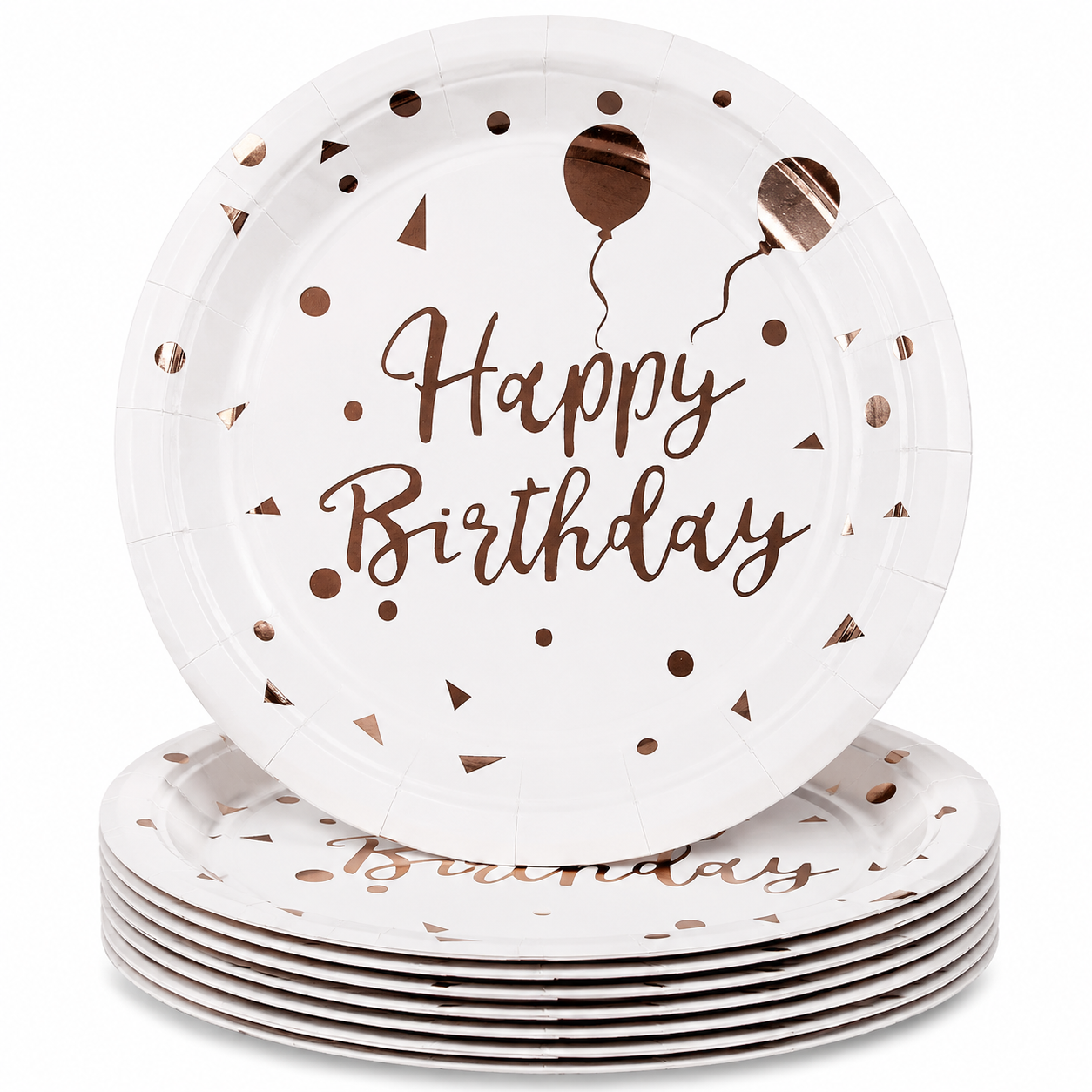 Happy Birthday Rose Gold & White Paper Plate (Pack of 10)