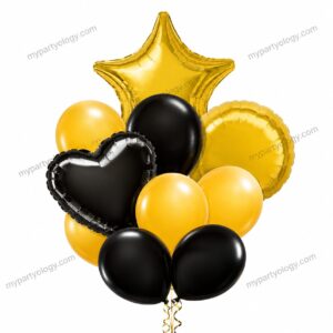 Black & Gold Star, Heart & Latex Balloon Set (Pack of 10)