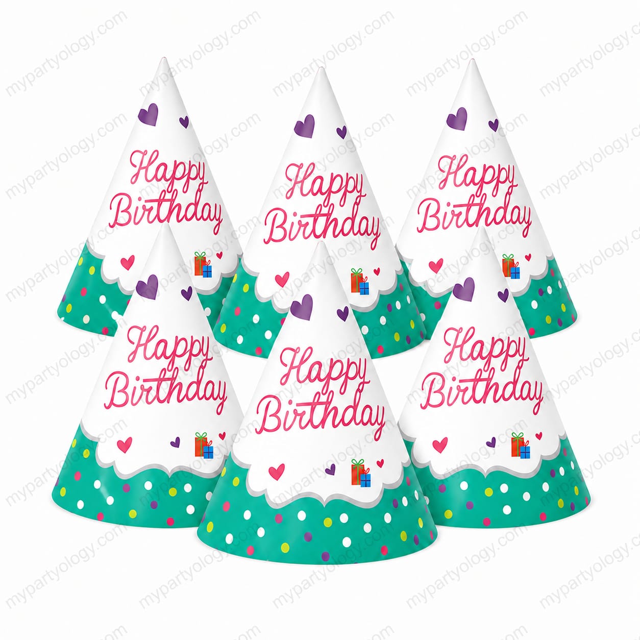 Happy Birthday Colourful Polka Dots Paper Cone Hat Set (Pack of 6)