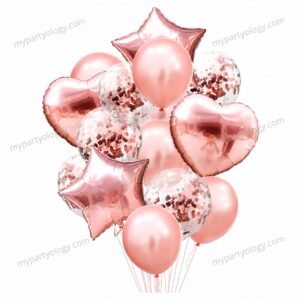 Rose Gold Confetti Balloons with Heart & Stars Foil Balloon Set (Pack of 14)